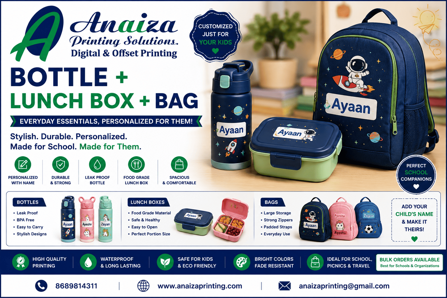 Bottle lunch box bag combo gifts and customized school gift sets in Mumbai