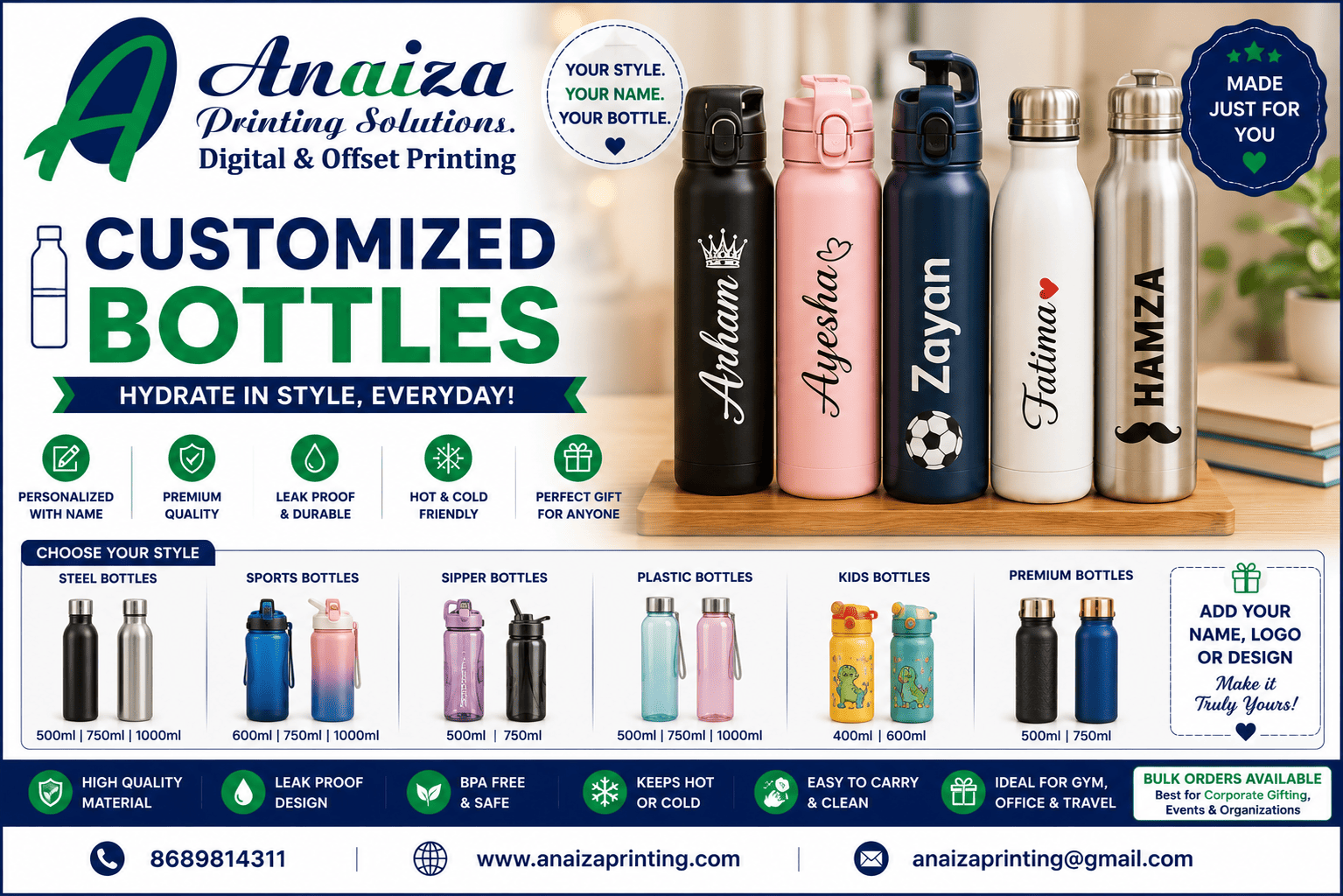 Customized bottles and personalized water bottle printing in Mumbai