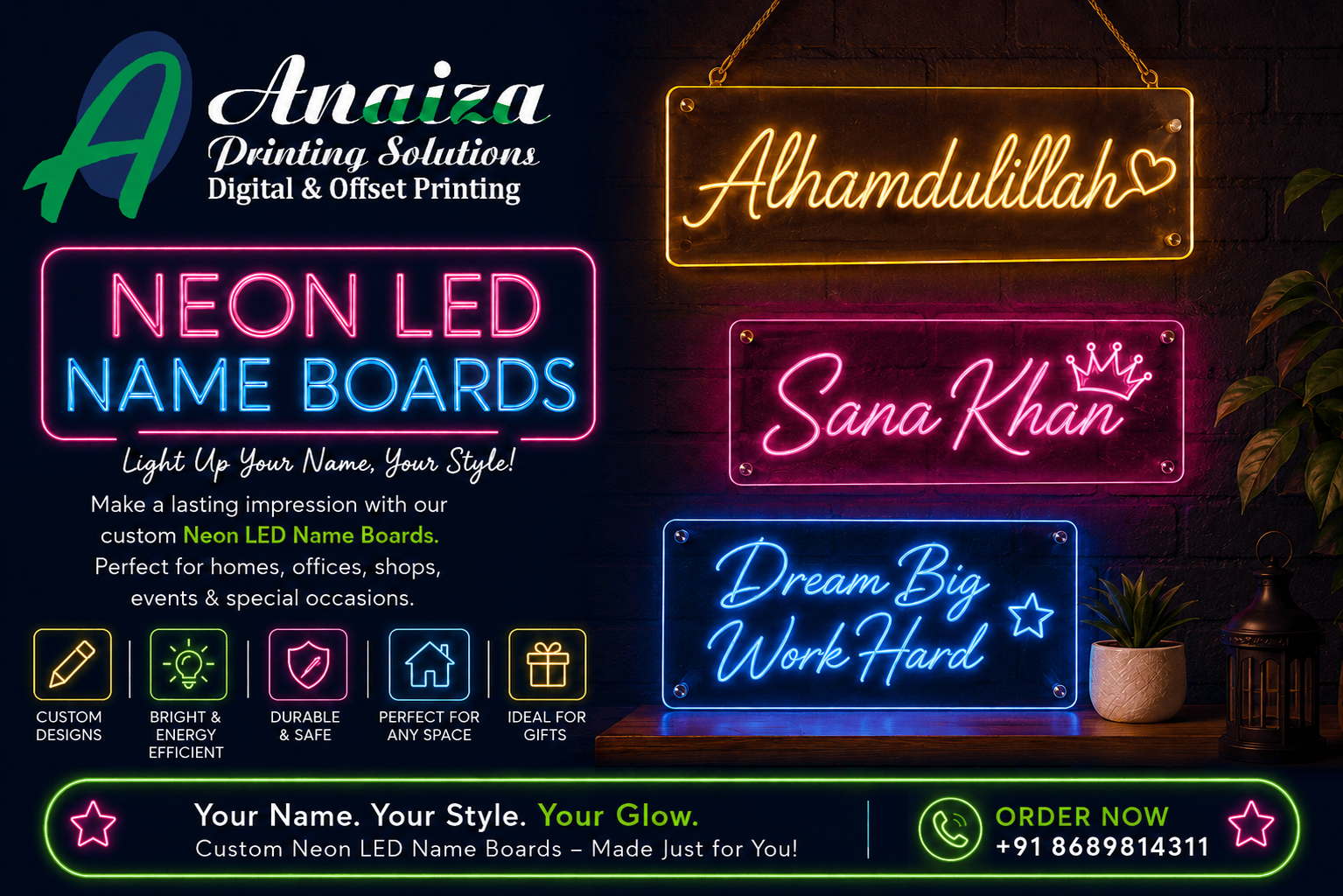 Custom neon LED name boards and acrylic LED signage in Mumbai